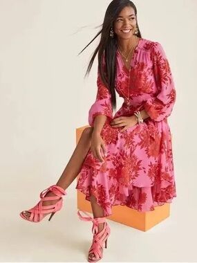 🌻CAbi Pink & Orange Floral Drama Dress  | Women's Size Small